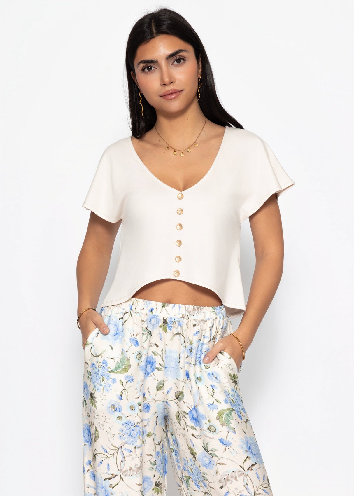 Crop Shirt mit Flügelärmel - beige