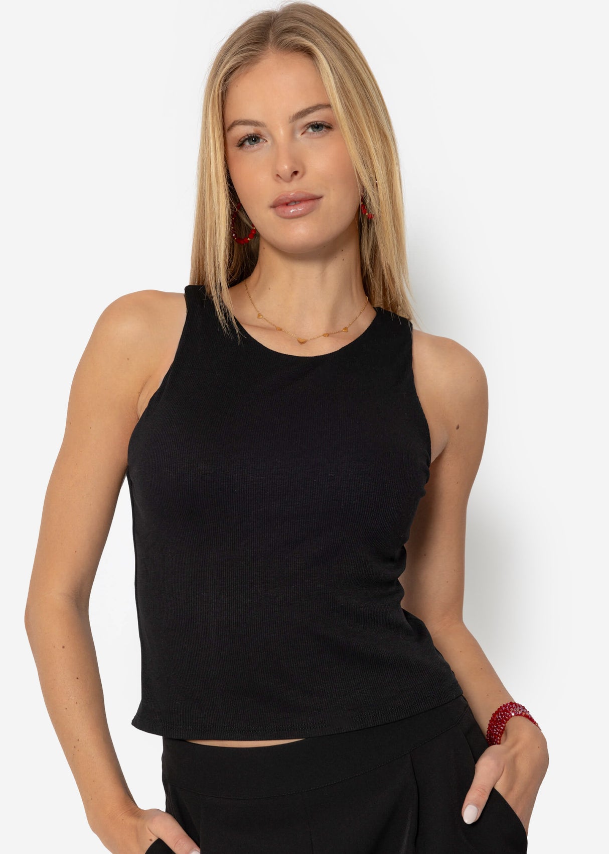 Doppellagiges, geripptes Tank Top - schwarz