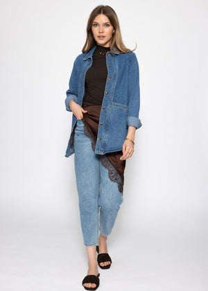 Triangular scarf with lace trim - brown