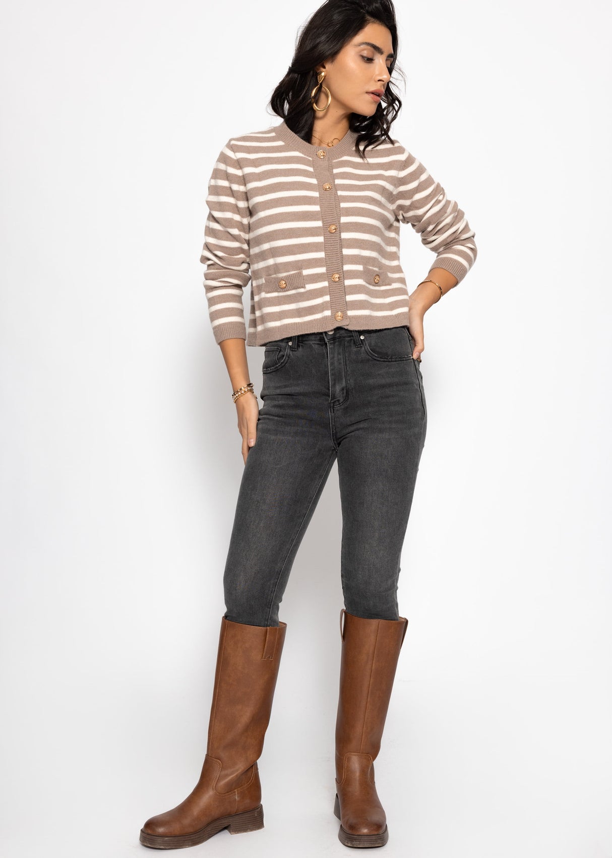 Elegant cardigan with striped pattern - beige