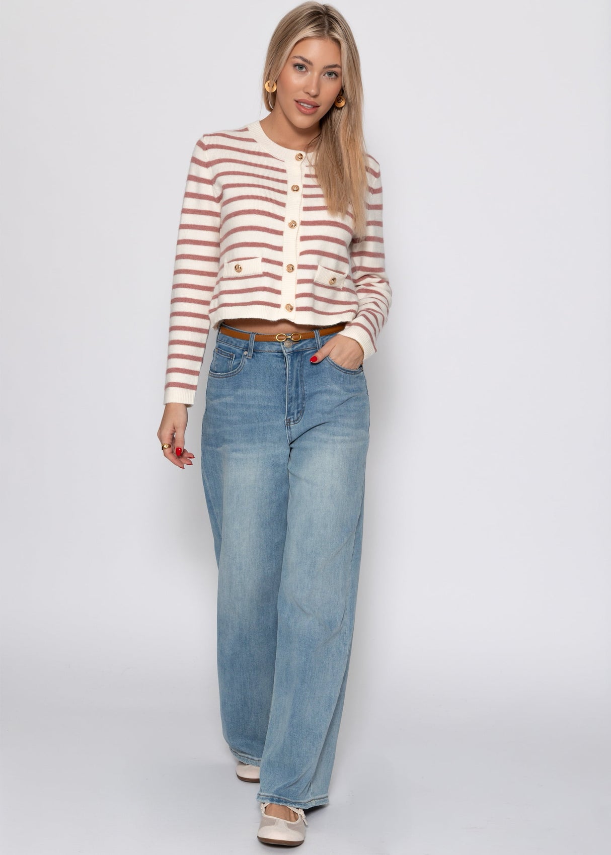Elegante Strickjacke mit Streifenmuster - offwhite