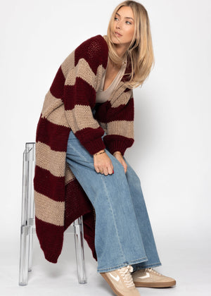 Extra langer Cardigan mit Blockstreifen - burgundy