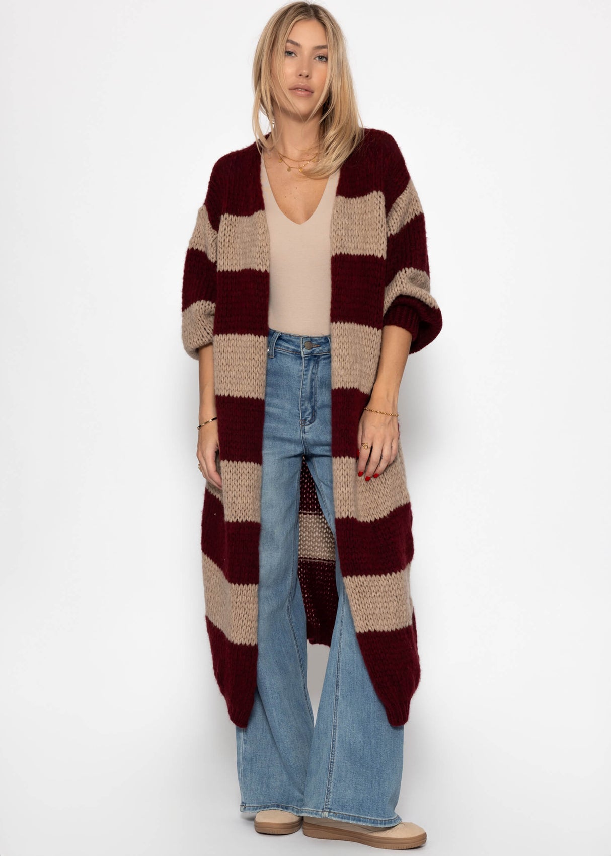 Extra langer Cardigan mit Blockstreifen - burgundy