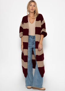 Extra langer Cardigan mit Blockstreifen - burgundy
