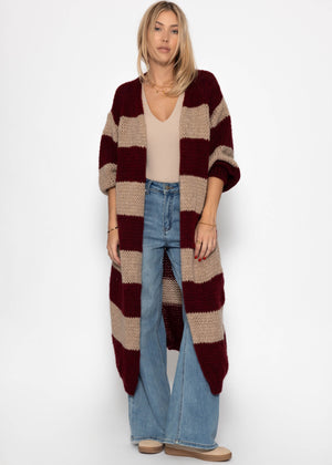 Extra langer Cardigan mit Blockstreifen - burgundy