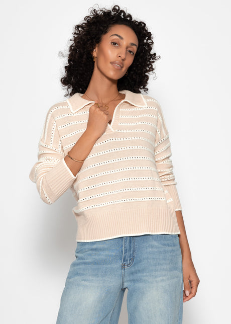 Feinstrickpullover mit Polokragen und Ajourstreifen - beige by SASSYCLASSY