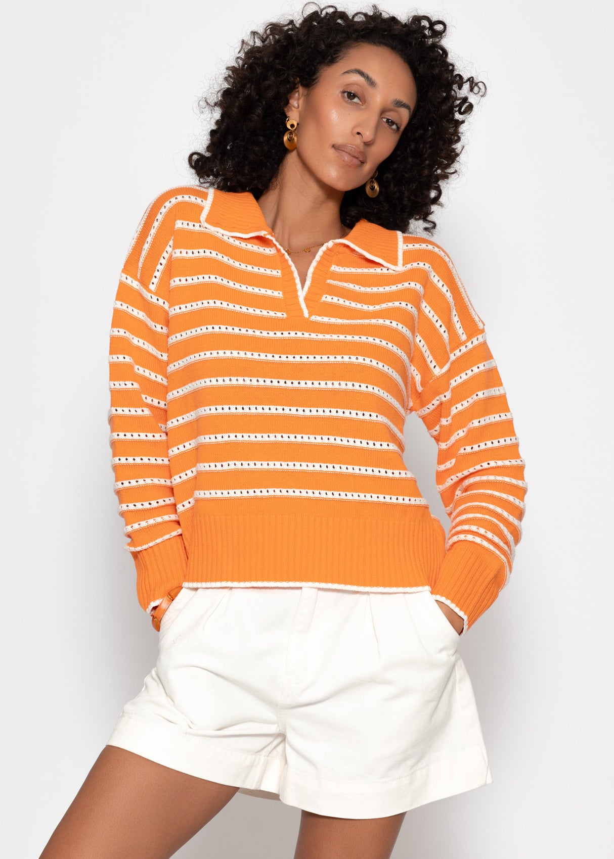 Feinstrickpullover mit Polokragen und Ajourstreifen - orange