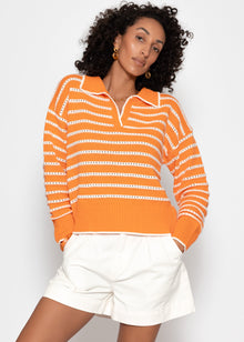 Feinstrickpullover mit Polokragen und Ajourstreifen - orange