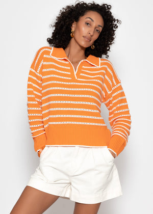 Feinstrickpullover mit Polokragen und Ajourstreifen - orange