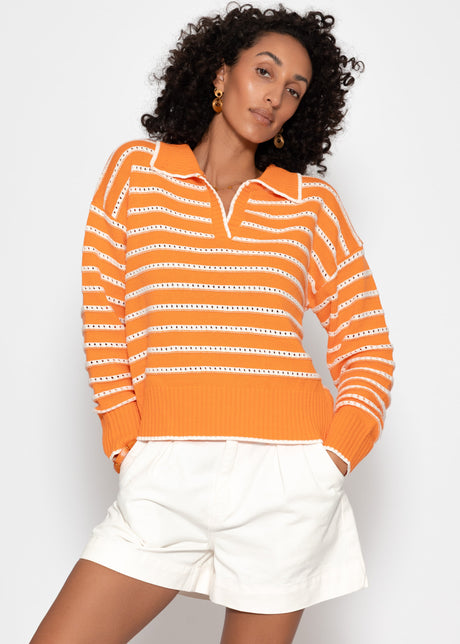 Fine knit sweater with polo collar and openwork stripes - orange by SASSYCLASSY