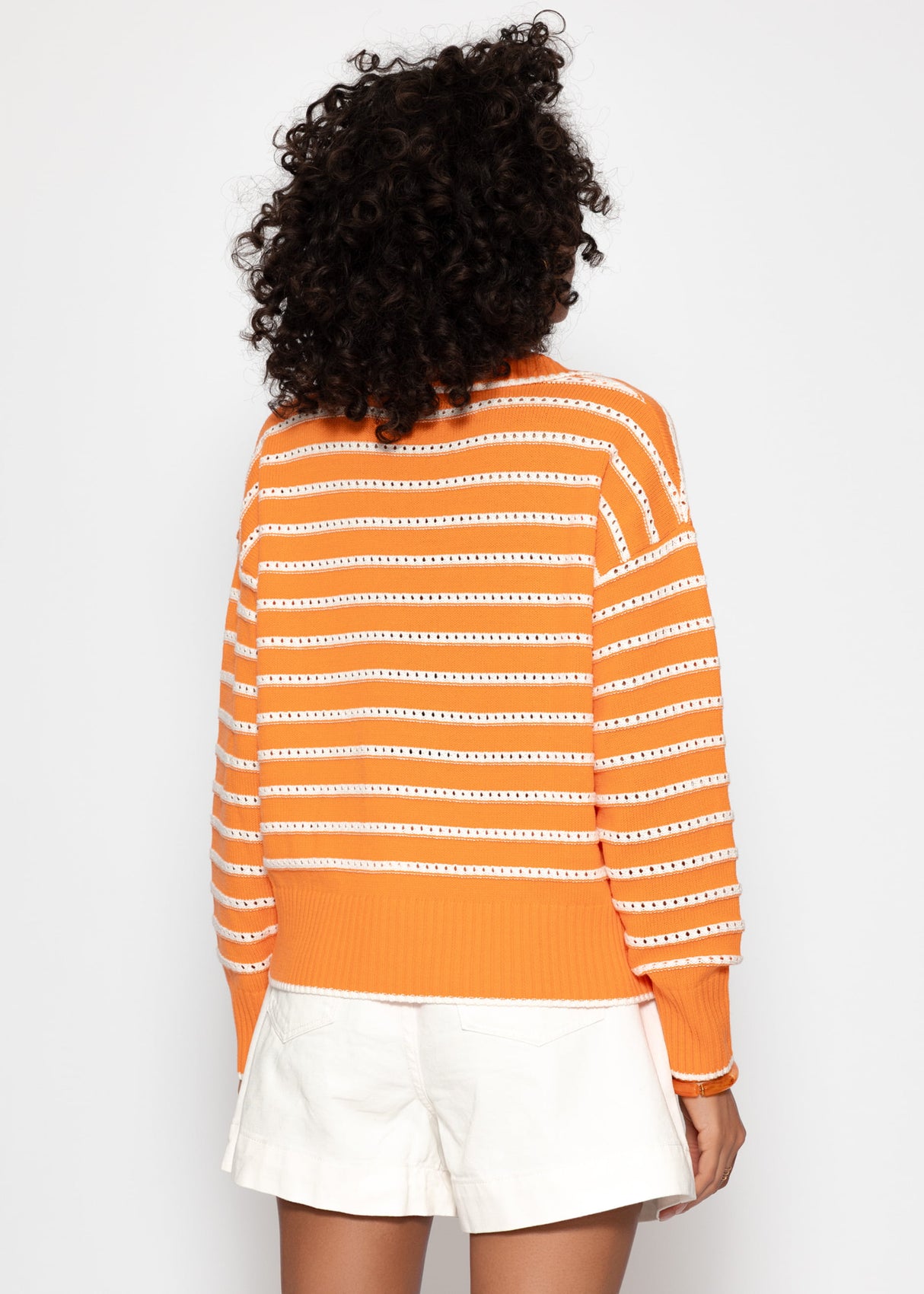 Feinstrickpullover mit Polokragen und Ajourstreifen - orange