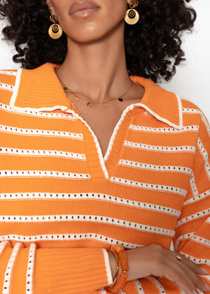 Feinstrickpullover mit Polokragen und Ajourstreifen - orange