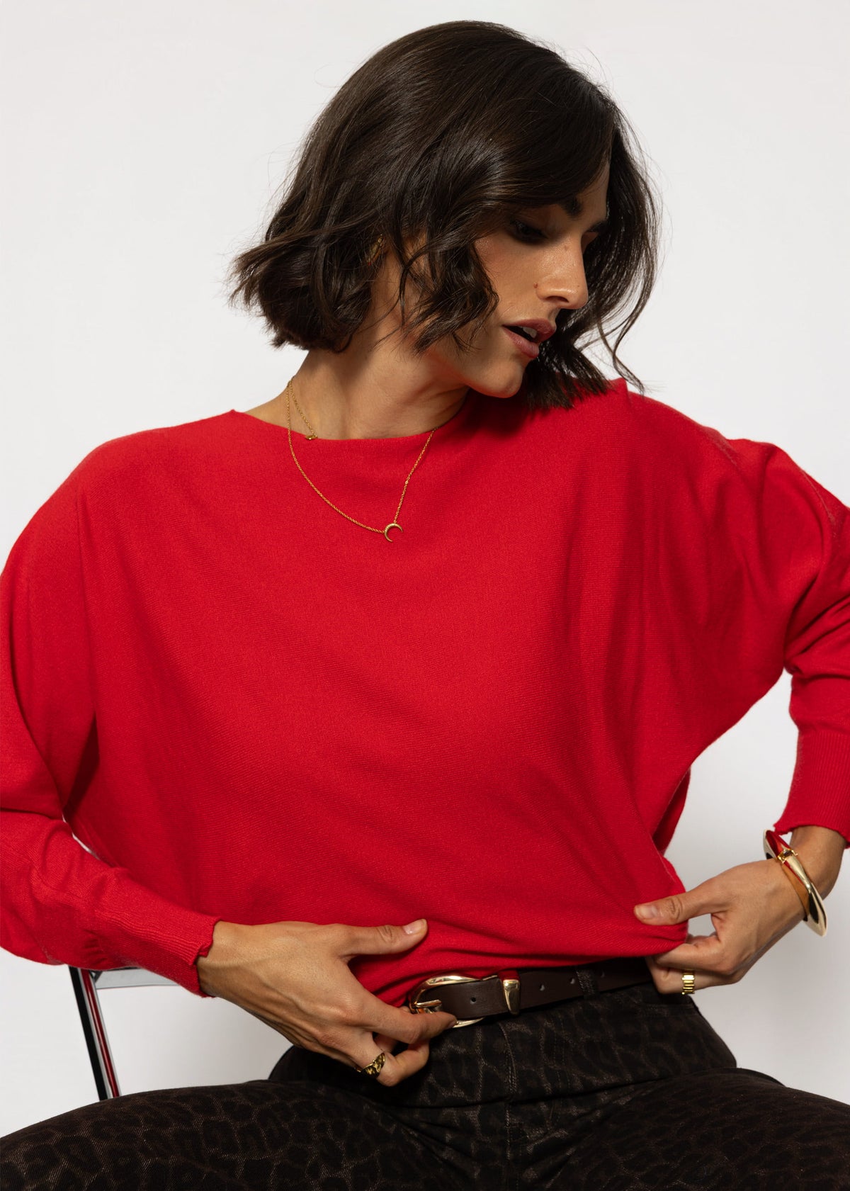 Feinstrickpullover mit Fledermausärmel - rot