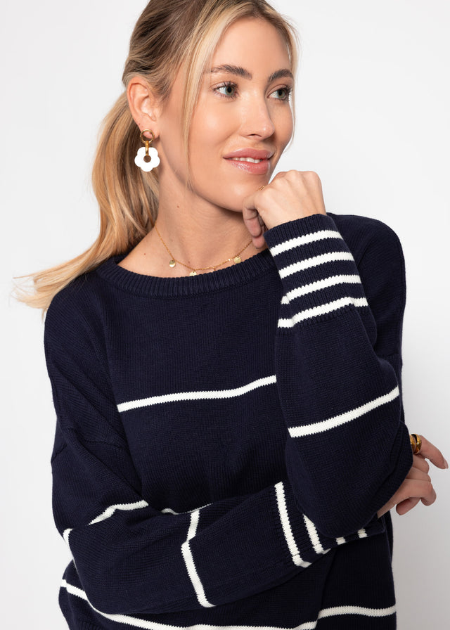Feinstrickpullover mit Kontraststreifen - dunkelblau
