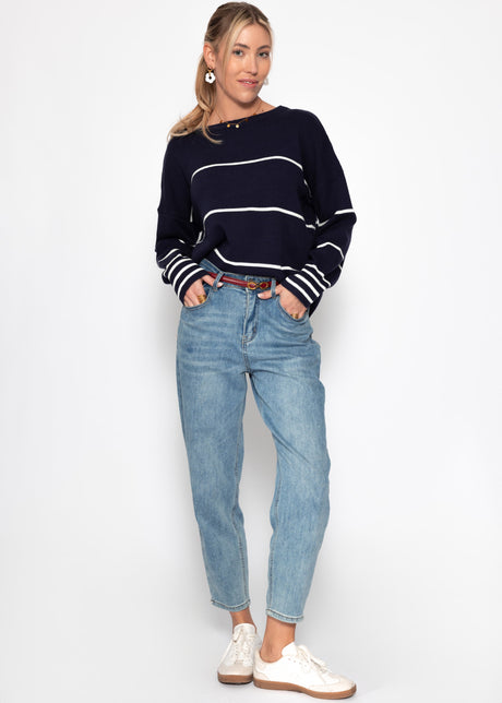 Fine knit jumper with contrast stripes - dark blue