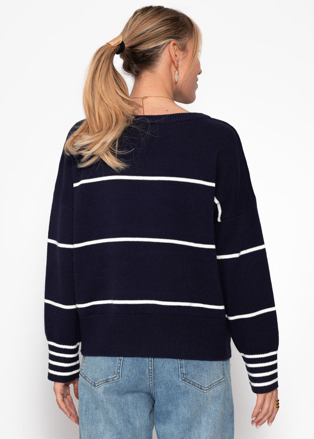 Feinstrickpullover mit Kontraststreifen - dunkelblau