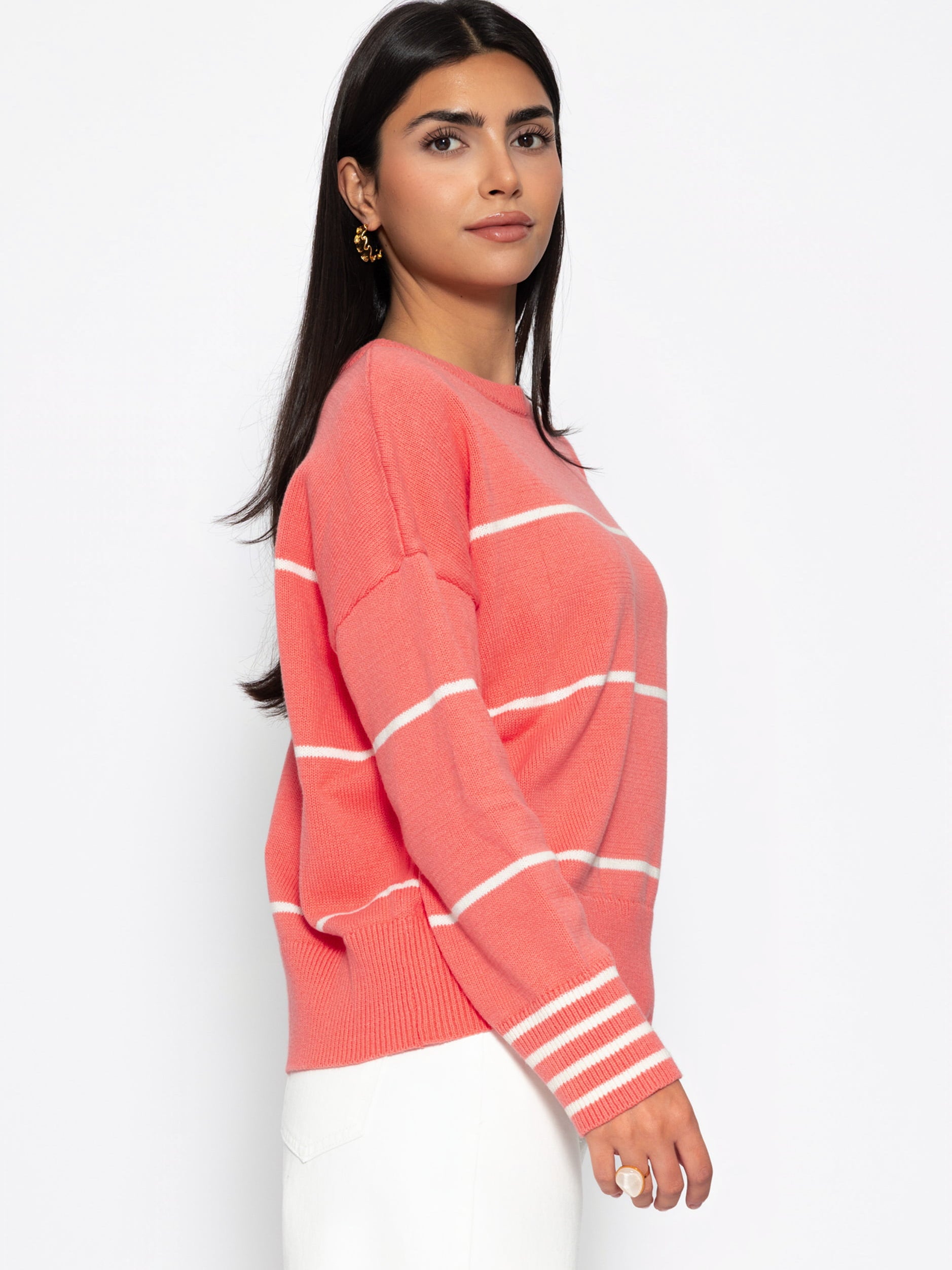 Feinstrickpullover mit Kontraststreifen - koralle