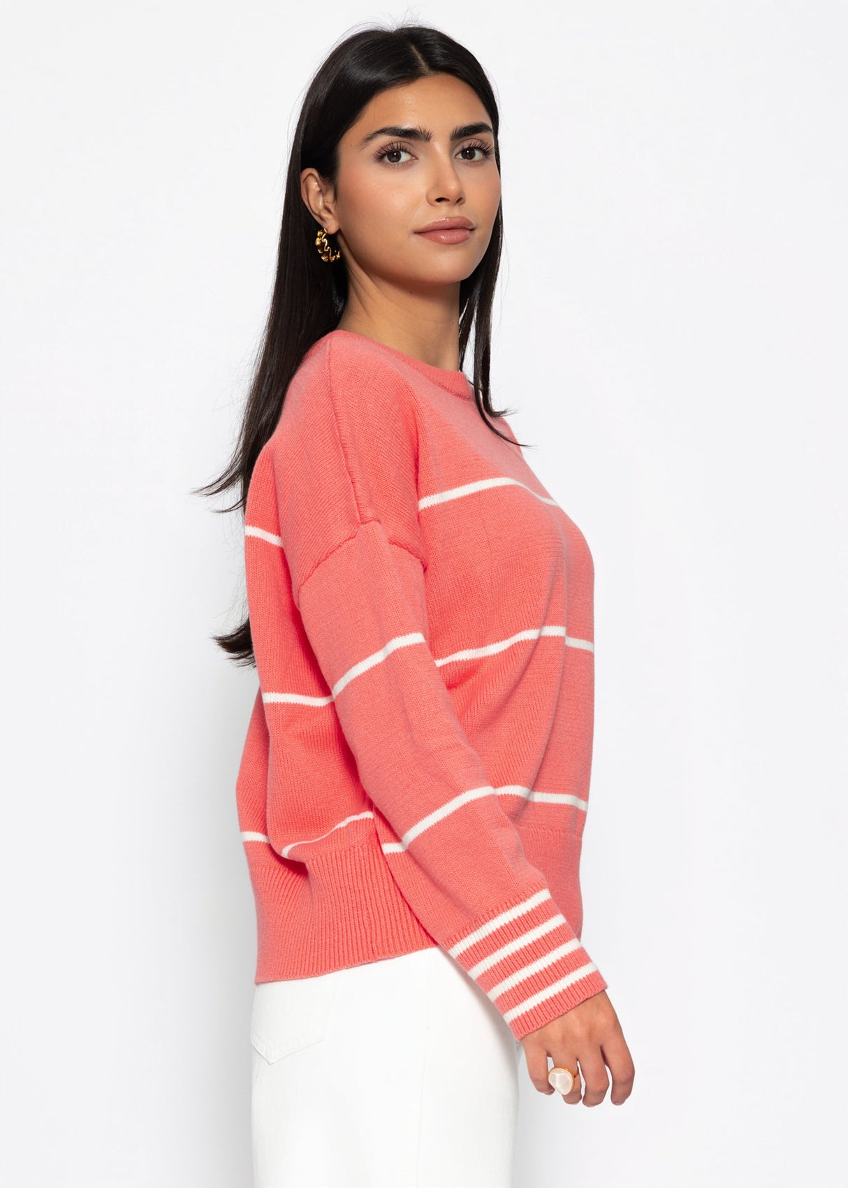 Feinstrickpullover mit Kontraststreifen - koralle