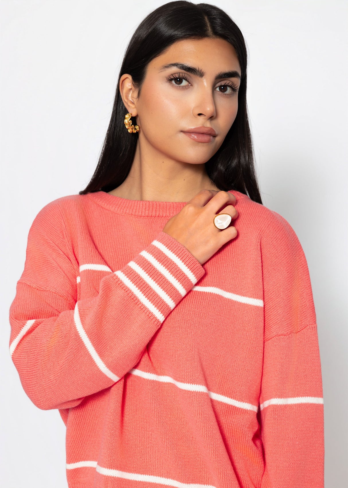 Feinstrickpullover mit Kontraststreifen - koralle