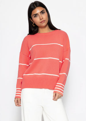 Feinstrickpullover mit Kontraststreifen - koralle