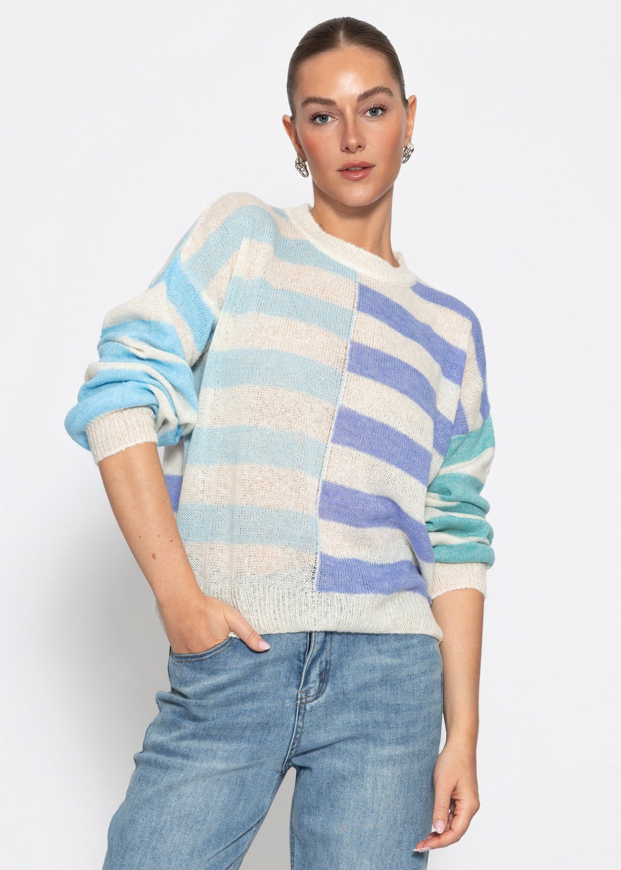 Feinstrickpullover mit Streifenmuster - blau
