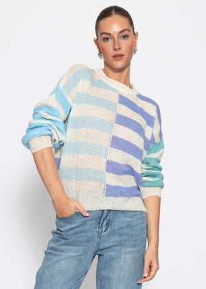 Feinstrickpullover mit Streifenmuster - blau