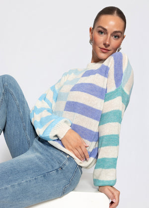 Feinstrickpullover mit Streifenmuster - blau