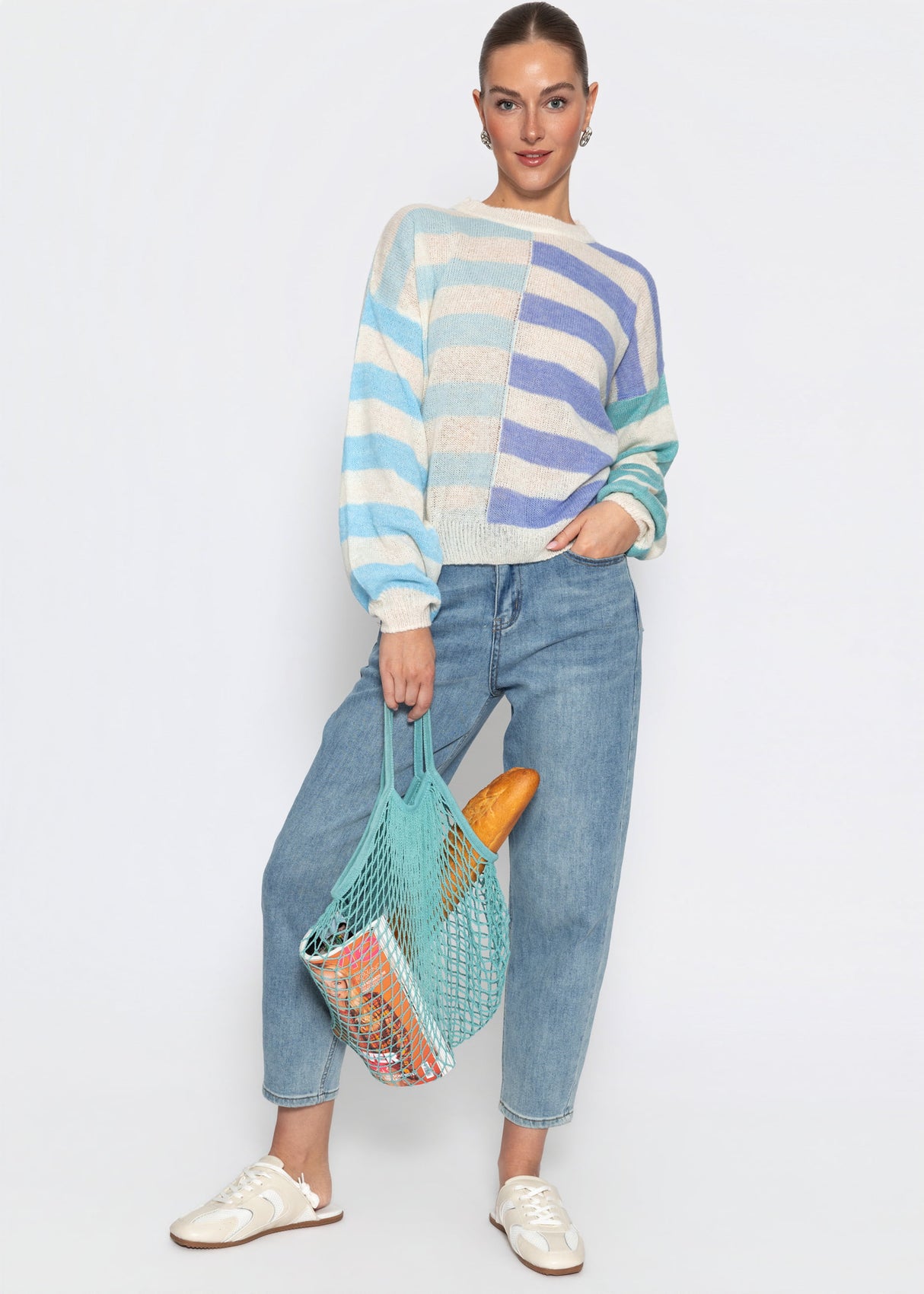 Feinstrickpullover mit Streifenmuster - blau