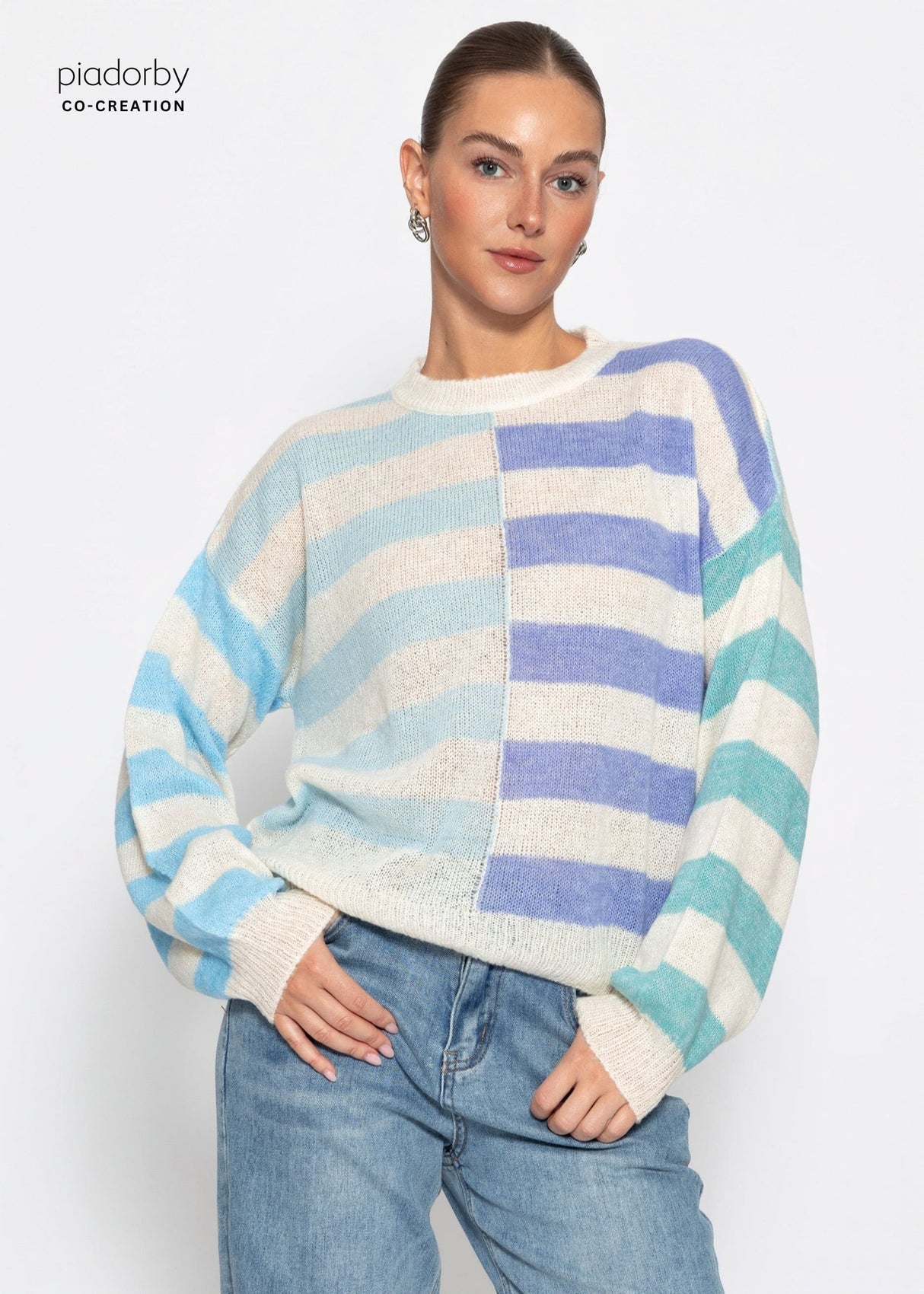 Feinstrickpullover mit Streifenmuster - blau