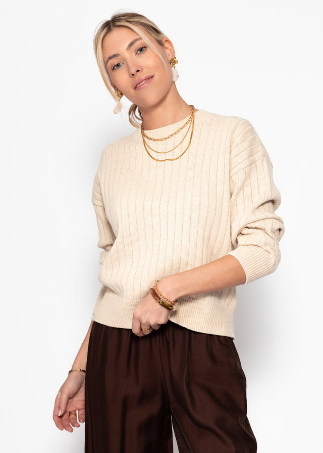 Gerippter Baumwollpullover - beige