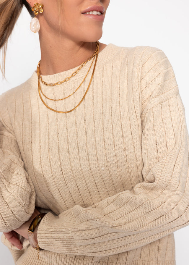 Gerippter Baumwollpullover - beige