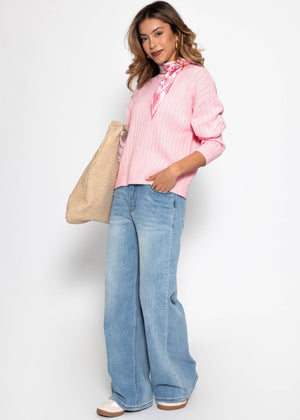 Feinstrickpullover mit strukturierten Streifen - rosa