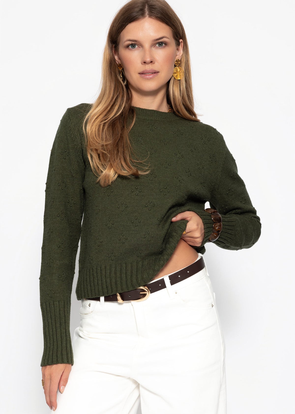 Feinstrickpullover mit Strukturmuster - grün