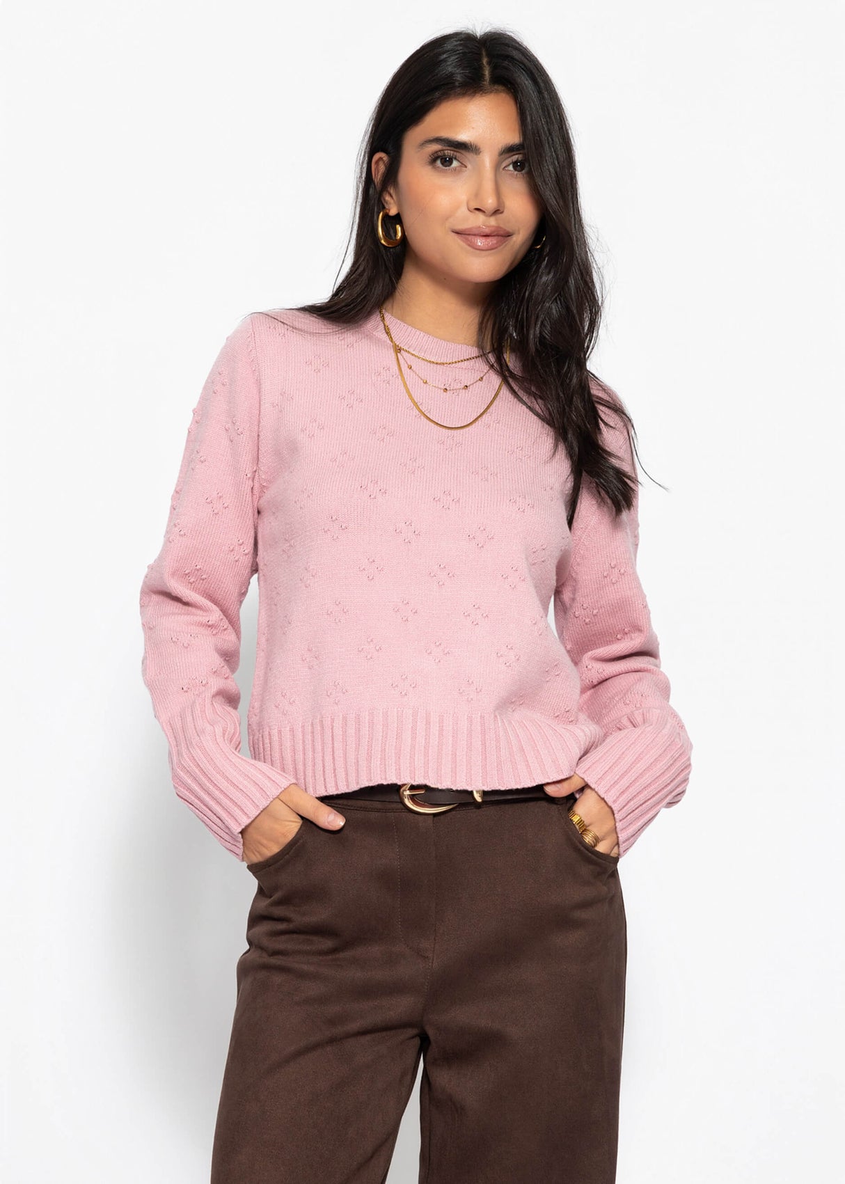 Feinstrickpullover mit Strukturmuster - rosa