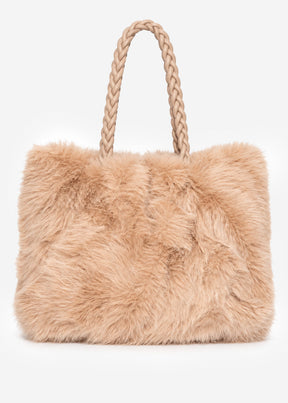 Flauschige Kunstfell Tasche mit Kordelhenkel - beige