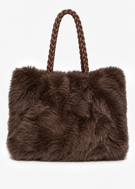 Flauschige Kunstfell Tasche mit Kordelhenkel - braun