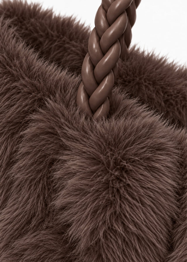 Fluffy faux fur bag with cord handle - brown