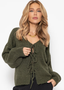Fluffy cardigan with bow closure - khaki