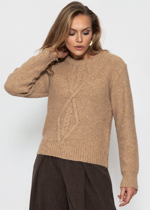 Flauschiger Strickpullover mit Zopfmuster - braun