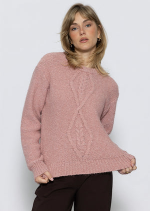 Flauschiger Strickpullover mit Zopfmuster - mauve