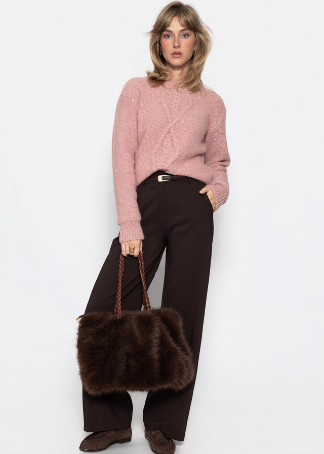 Flauschiger Strickpullover mit Zopfmuster - mauve