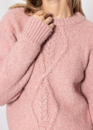 Flauschiger Strickpullover mit Zopfmuster - mauve