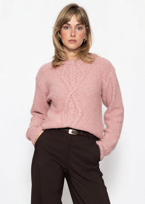 Flauschiger Strickpullover mit Zopfmuster - mauve