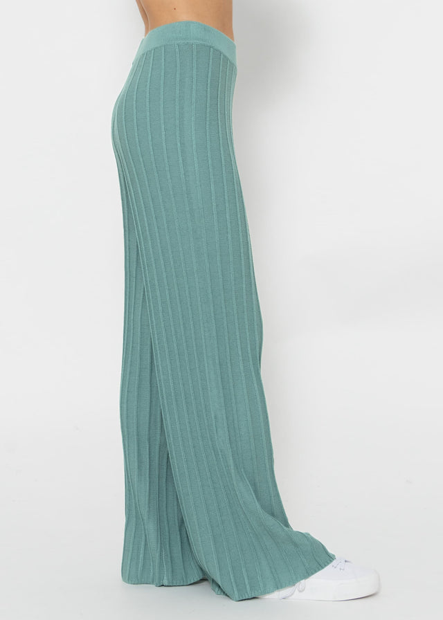 Fließende Strickhose mit Rippenstruktur - grün