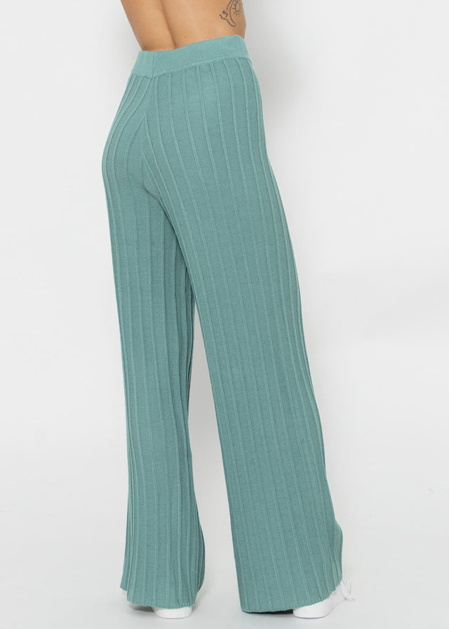 Fließende Strickhose mit Rippenstruktur - grün