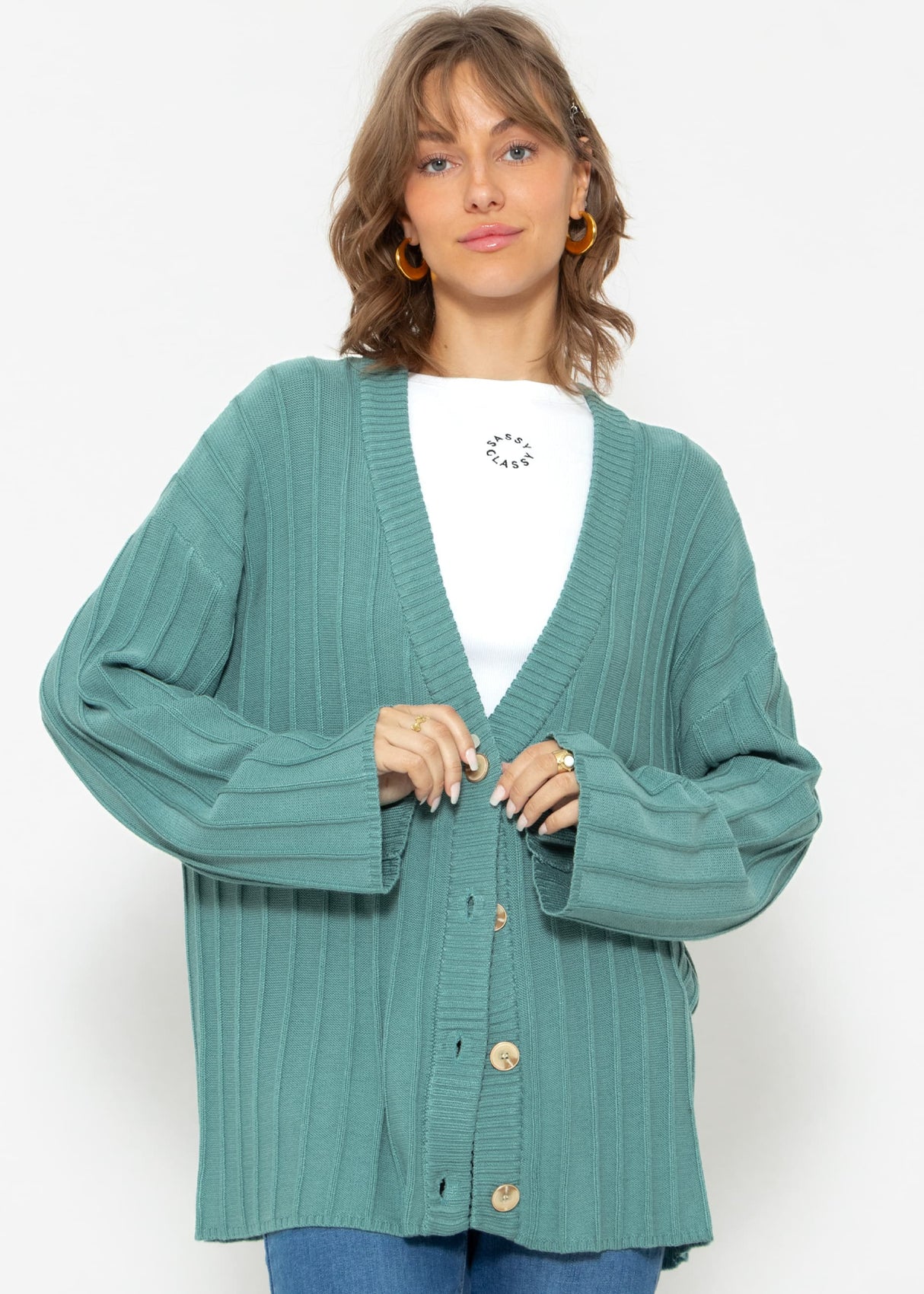 Fließender Cardigan mit Rippenstruktur - grün