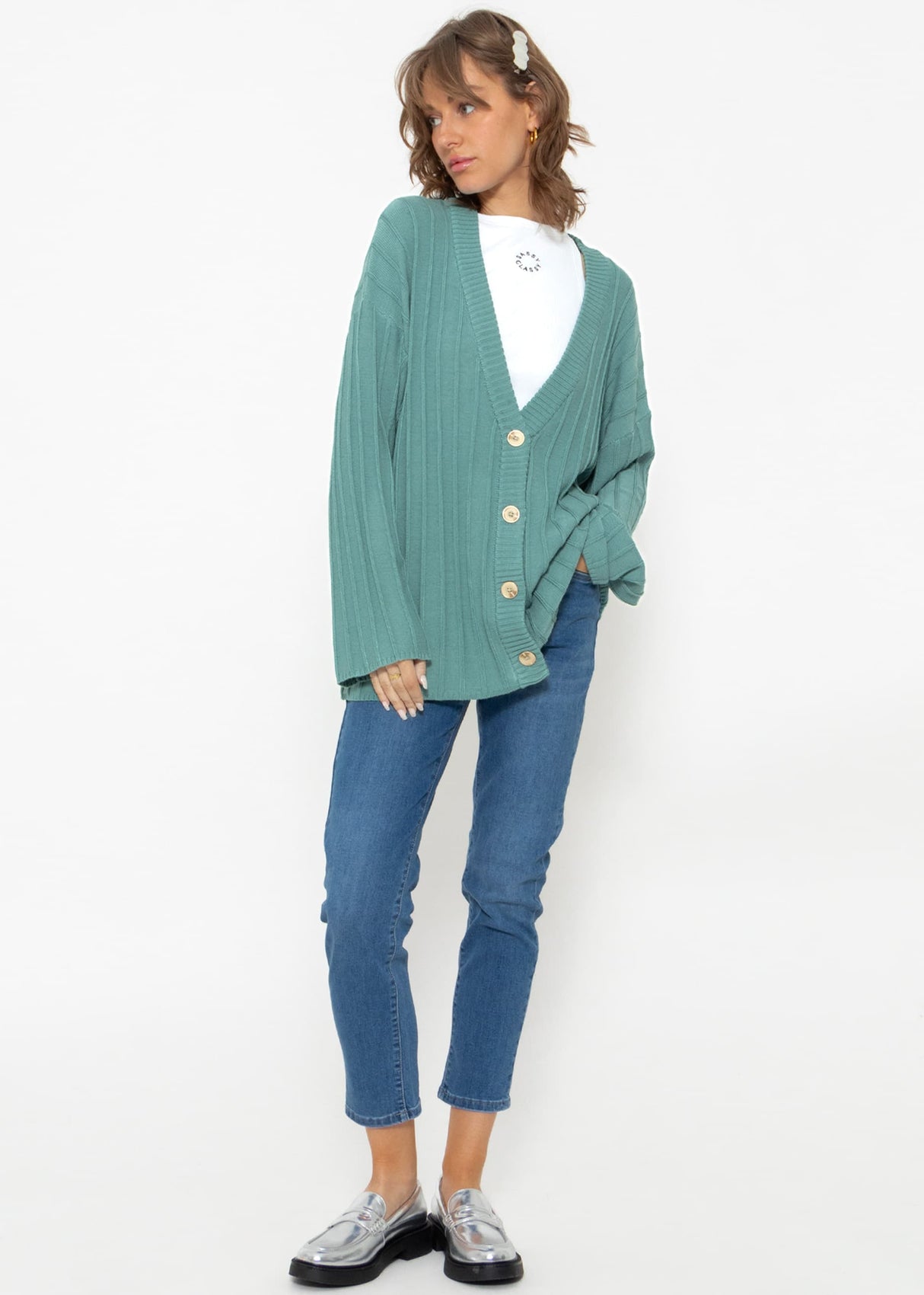 Fließender Cardigan mit Rippenstruktur - grün