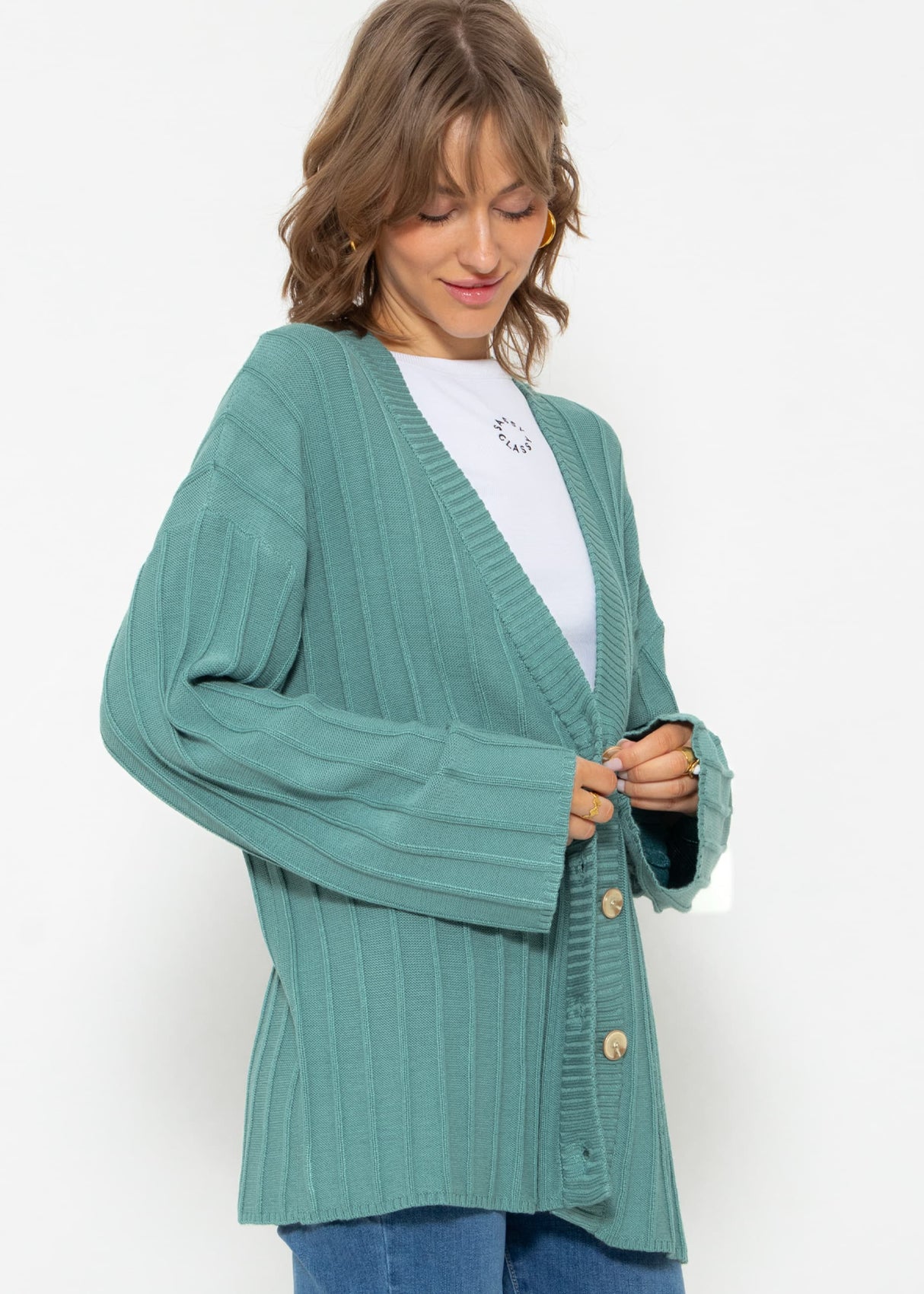 Fließender Cardigan mit Rippenstruktur - grün
