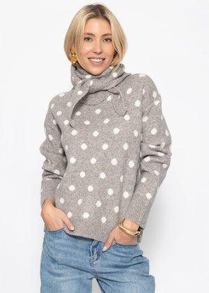 Gepunkteter Pullover mit Schal - taupe