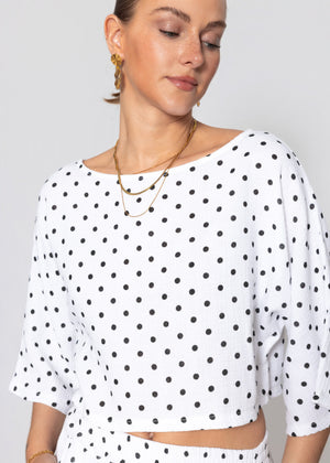 Gepunktetes Musselin Shirt mit Fledermausärmeln - weiß